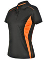 A black polo shirt with orange contrast detailing, featuring a collar and short sleeves. It has a logo on the chest.