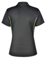 A black polo shirt featuring contrast green stripes, designed with a fitted cut and a logo.