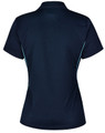 A navy blue ladies' polo shirt featuring contrast piping and a logo on the back.