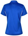 A blue women's polo shirt with contrast detailing and a logo, featuring a classic collar and short sleeves.