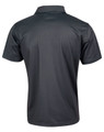 A dark grey short-sleeved polo shirt featuring a collar and a logo on the back.