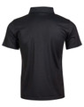 A black short-sleeved polo shirt featuring a classic collar and a logo on the back.