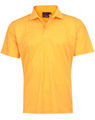 A bright yellow short-sleeved polo shirt with a collar, featuring a logo on the neckline.