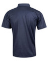A navy blue polo shirt with a smooth finish, featuring a collared neck and short sleeves. Includes a logo.