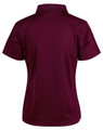 A burgundy ladies' polo shirt with a short sleeve and a standard collar, featuring a logo on the back.