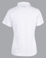 A white short-sleeved polo shirt with a collar, featuring a logo on the back.