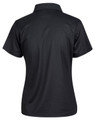A black short-sleeved polo shirt with a collar, featuring a logo on the back.