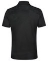 A black men's polo shirt with a collar, featuring a detailed back design and a logo.