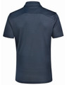 A navy polo shirt with a textured finish, featuring a collar and short sleeves, with a logo on the chest.