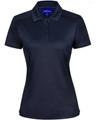 A navy blue women's polo shirt with a collared neckline, short sleeves, and a logo.
