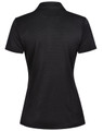 A black women's polo shirt featuring a collar and a logo on the back.