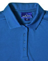A blue polo shirt featuring a collar, buttons, and a brand label on the inside.