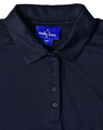A navy blue polo shirt with a collar, featuring a buttoned placket and a logo on the label.