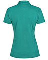 A teal ladies' polo shirt with a fitted design and a collar, featuring a logo on the side.