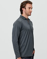A men's long-sleeve polo shirt in charcoal grey with a collar and a logo.