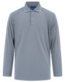 A long-sleeve polo shirt in light grey, featuring a collar and a logo on the chest.