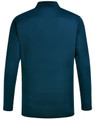 A long-sleeve polo shirt in teal, featuring a collar and a logo on the back.