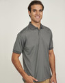 A grey men's sustainable poly/cotton polo shirt with a collar and short sleeves, featuring a logo.