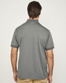 A grey polo shirt with a contrasting collar, featuring a logo on the back. Suitable for corporate settings.