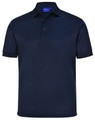 A navy blue short-sleeve polo shirt made from sustainable poly/cotton material with a collar and buttons.