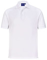 A white men's sustainable poly/cotton short-sleeve polo shirt featuring a collar and buttons, with a logo on the chest.