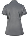 A grey ladies' sustainable poly/cotton short-sleeve polo shirt with a back view and a logo.
