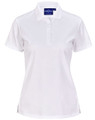 A white ladies' polo shirt made from sustainable poly/cotton, featuring a collar, buttons, and a logo.