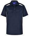 A navy blue polo shirt with short sleeves and contrasting white side panels. It features a collar and a branding logo.