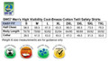 A chart displaying size measurements for Hi-Vis two tone short-sleeve cotton work shirts, featuring various sizes and care instructions.