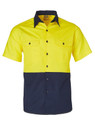 A short-sleeved work shirt featuring a high-visibility yellow upper and navy blue lower section, with two front pockets.