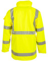 A bright yellow safety jacket with reflective stripes, featuring a hood and a back vent. It has a logo on one sleeve.