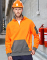A Hi-Vis orange and grey fleece hoodie with a half-zip and logo, worn by a man in a safety helmet.