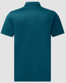 A teal sustainable jacquard knit short-sleeve polo shirt, featuring a collar and a branding logo.