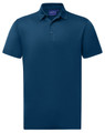 A navy blue sustainable jacquard knit short sleeve polo shirt with a collar and a logo.
