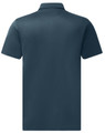 A dark navy blue men's polo shirt featuring a jacquard knit texture and a collar, with a logo on the back.