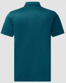 A teal sustainable jacquard knit short-sleeve polo shirt, featuring a collar and a branding logo.