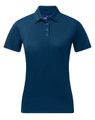 A navy blue ladies' sustainable jacquard knit short-sleeve polo with a collar and three-button placket.