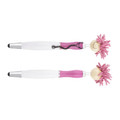 A pink and white pen with a stylus tip and a character head featuring fluffy pink hair. It has a logo on the side.