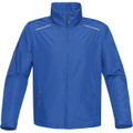 A blue rain jacket with a high collar, two zippered pockets, and reflective detailing. It has a branding logo.