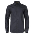 A black button-up shirt with long sleeves and a branded logo on the chest.