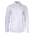 A button-up shirt in white with long sleeves and a pointed collar, featuring a subtle logo.