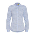 A women's button-up shirt in light blue with a checkered pattern and long sleeves. It features a logo on the chest.