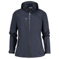 A women's rain jacket in dark navy with a hood, featuring zippered pockets and a branded logo.