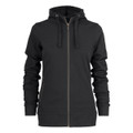A black zip-up hoodie with a drawstring hood and side pockets, featuring a logo.