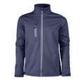 A men's softshell jacket in navy blue with a front zip, featuring a chest pocket and a logo.