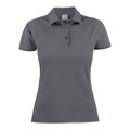A grey women's cotton polo shirt featuring a classic collar and three-button placket, with a small logo.