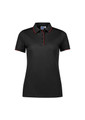 A black short sleeve polo shirt with red accents and a collar, featuring a logo.