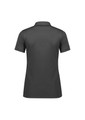 A women's short sleeve polo shirt in dark grey, featuring a collar and a logo.