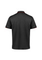 A black short sleeve polo shirt with contrasting trim and a logo on the chest. Plain back view.