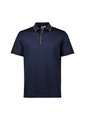 Navy blue short sleeve polo shirt with yellow accents and a logo on the chest.
